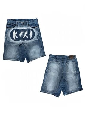 (323) HEADLIGHTS DENIM SHORTS constructed of spray paint design on jorts - 32x11
